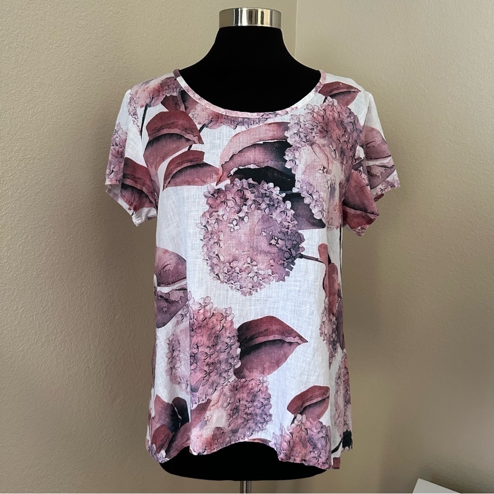 FLAX Linen Floral Short Sleeve White Pink Blouse Size S